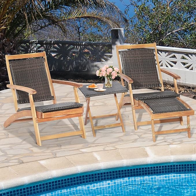 Tangkula Patio Lounge Chair and Side Table Set, Acacia Wood Wicker Folding Table and Armrest Chair with Retractable Ottoman, Outdoor Chaise Lounger for Garden, Backyard, Poolside, Balcony