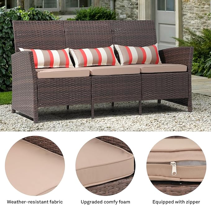 SUNSITT Outdoor Furniture 3 Seats Patio Couch, Outdoor Wicker Sofa, Brown PE Wicker with Beige Cushions & Lumbar - Photo 7
