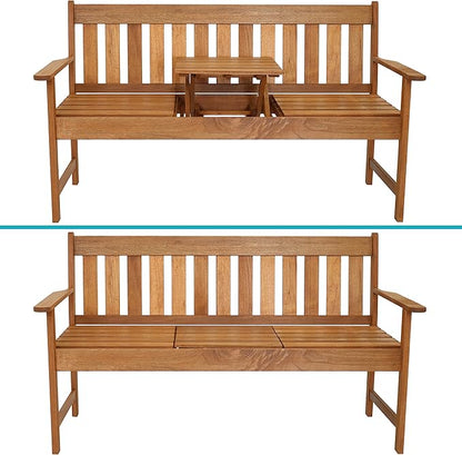 Sunnydaze Meranti Wood Outdoor Patio Bench with Built-in Pop-Up Table - Teak Oil Finish - 60-Inch