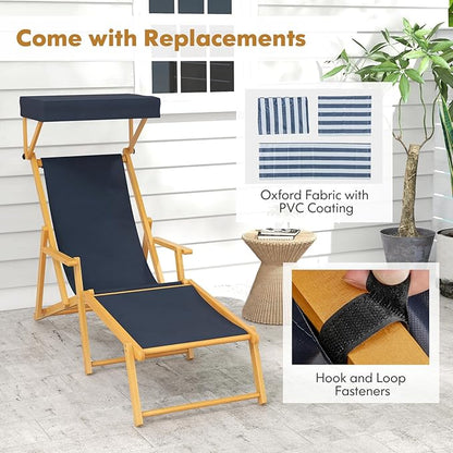 Giantex Lounge Chair Outdoor, Foldable Beach Chaise Lounge with Adjustable Canopy, Replacement Fabric, Wood Frame, Reclining Backrest & Footrest, Camping Chair for Patio, Poolside, Beach (1, Navy)