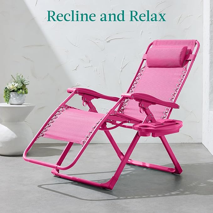 Best Choice Products Adjustable Zero Gravity Chair, Monochromatic Color Folding Patio Recliner w/Side Tray, Headrest - Ultimate Pink