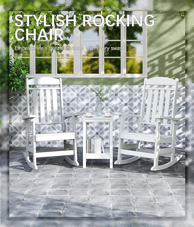 FOOWIN Outdoor Rocking Chair Set of 8, High Back Patio Rocking Chair, HDPE All Weather Resistant Porch Rocker for Adult, Oversized Rocking Chairs for Garden, Lawn, Indoor & Outdoor Use, White