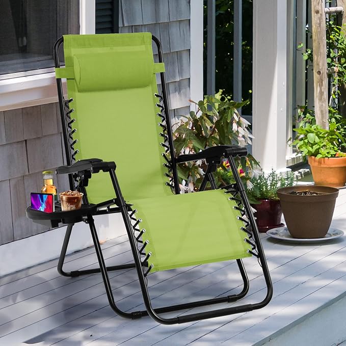 Goplus Zero Gravity Lounge Chairs, 160°Adjustable Folding Recliner w/Pillow and Cup Holder, 350LBS Comfy Outdoor Lounge Chairs for Patio, Lawn, Yard & Camp(Set of 2, Green)