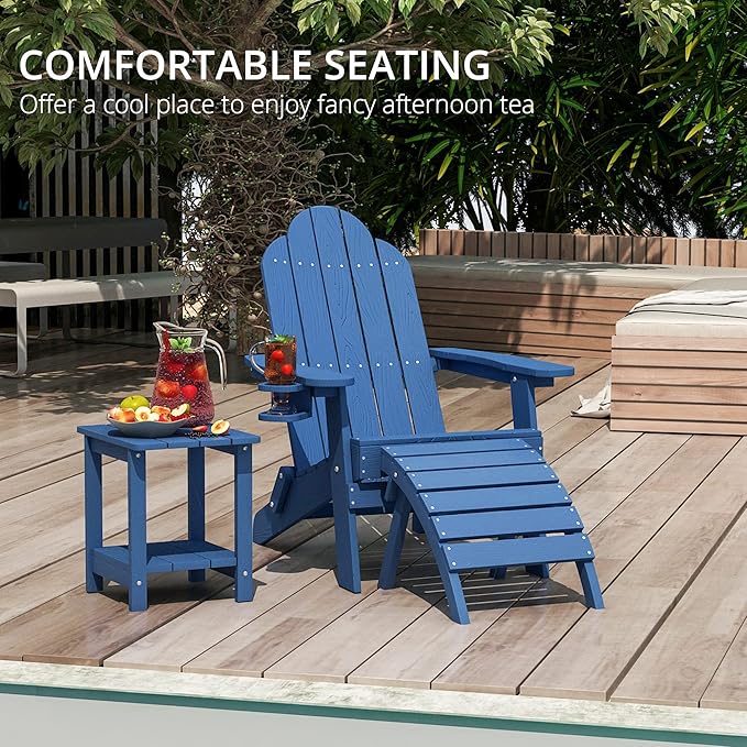 LUE BONA Folding Adirondack Chair Set of 5, HDPS Weather Resistant Outdoor Patio Chair for Balcony Garden, 350lbs Heavy Duty, One-Step No-Pin Folding, Wood Grain Texture, Fire Pit Seating, Navy Blue