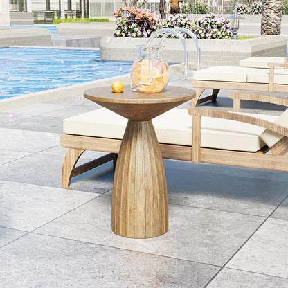 Metal Small Patio Table, Round Outdoor Side Table, Wood Color Outdoor Accent Patio End Table, for Garden, Pool, Deck, Balcony, Yard, Living Room, Weather Resistant, No Assembly