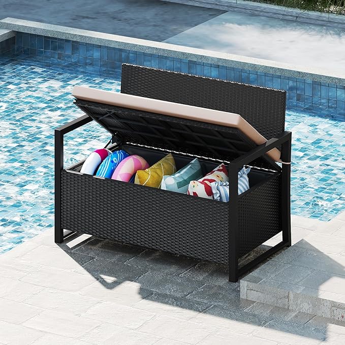 RELAX4LIFE Wicker Outdoor Bench with Storage - Rattan Deck Box w/Protective Liner for Pillows, Pool Supplies - Photo 8