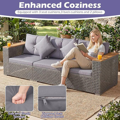 Tangkula 86.5" Large 3-Seat Patio Wicker Sofa, 3 Pieces PE Rattan Sectional Furniture Set with Cup Holders & Wood Armrest, Outdoor Couch Set with Armless & 2 Corner Sofas for Garden, Yard, Porch, Grey