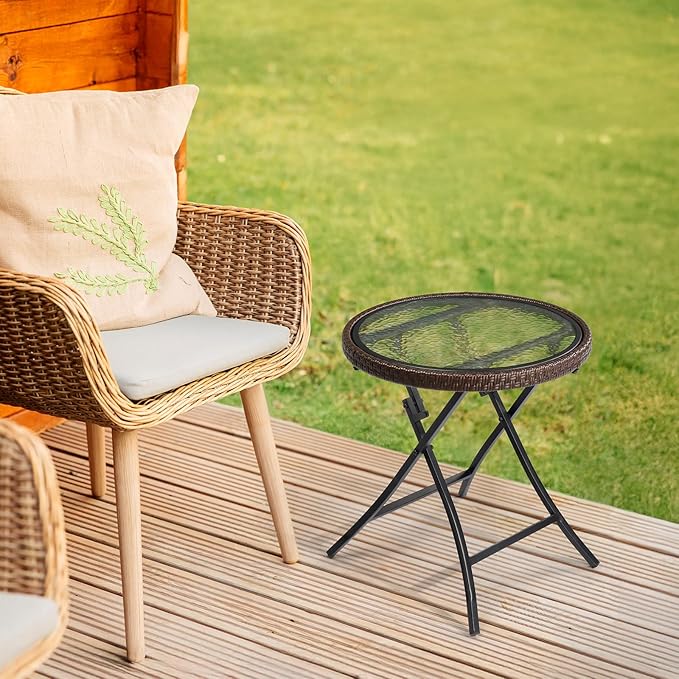 VINGLI 19in Modern Brown Rattan Folding Glass Outdoor Side Table, Small Patio Table with Tempered Glass Top,Round,1 Pack - Photo 7