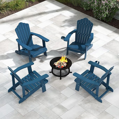 Tangkula Oversized Adirondack Chair, Patio Lounge Chairs w/Adjustable Cup Holder, HIPS Armchairs Slatted Chair, Outdoor Weather Resistant Fire Pit Chair for Deck Backyard Garden Porch (1, Navy)