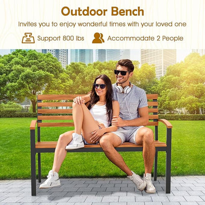 Giantex Outdoor Bench, Acacia Wood Patio Loveseat with Slatted Backrest & Seat, Armrests, Heavy Duty Metal Frame, 800 lbs Capacity, 2-Person Garden Bench for Lawn, Porch, Yard and Park