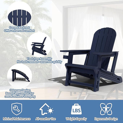 Shintenchi Adirondack Chair Set of 2,HDPE Adirondack Chairs with Umbrella Hole Connecting Tray & 2 Curved Ottoman,Plastic Outdoor Chairs with Cup Holders for Garden Backyard Pool,Dark Blue
