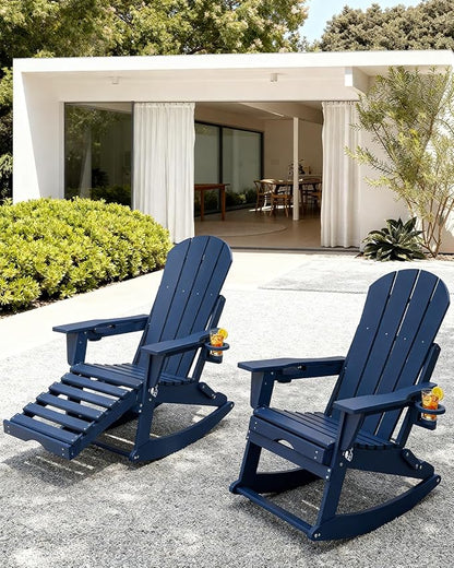 Adirondack Rocking Chairs Set of 4 with Retractable Ottoman, All Weather Folding Adirondack Chair with Two Cup Holders, Adirondack Outdoor Rocking Chairs for Porch, Patio, Balcony. Navy Blue