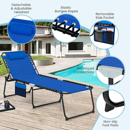 GYMAX Lounge Chair for Outside, 440lbs 27” Oversize Folding Beach Tanning Sunbath Chair with Adjustable Backrest & Removable Pillow, Lightweight Portable Patio Lounger for Lawn Poolside (Blue,2)