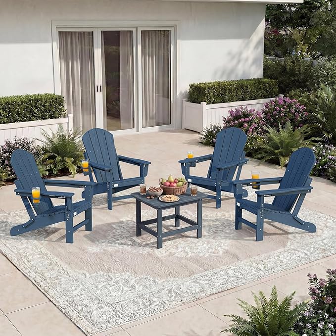 Mdeam 3-Position Adjustable Adirondack Chair Set of 4, 400LBS Capacity, Cup Holder, Wooden Textured, All-Weather HDPE Folding Fire Pit Outdoor Chairs for Poolside Deck Patio Garden Yard - Navy Blue