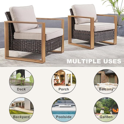 Rilyson Wicker Outdoor Patio Chairs Set of 2, Rattan Patio Furniture Chairs with Sturdy Frame,All-Weather PE Wicker,Wide Armrest,Deep Seating and Thick Cushions for Deck Porch Garden(Brown/Beige)