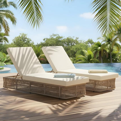 Christopher Knight Home Xayo Set of 2 Patio Chaise Lounge Chair Outdoor with 4-Thick Cushion, Metal Poolside Sun Lounger with Cross-Weave Rope Accent, Adjustable Backrest Pool Lounger, Beige + Cream