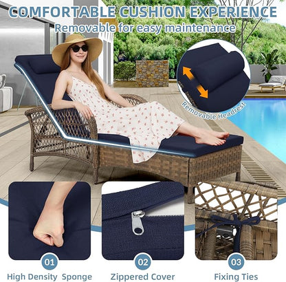 3 Piece Patio Chaise Lounge Set, Outdoor Patio Furniture Modern Lounge Chairs Set of 2 with Side Table & 6-Position Adjustable Backrest, Durable PE Wicker, Weather Resistant Cushions, Navy Blue