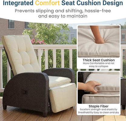 Green4ever 2-Peices Outdoor Patio Recliner with Adjustable Backrest, All-Weather Wicker Patio Chair with Side Table, 160° Lay Flat Patio Reclining Lounge Chair for Garden Backyard, Beige