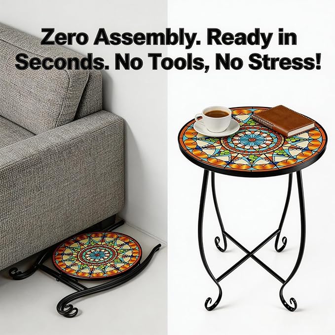 Set of 2 Mosaic Outdoor Side Tables Round, 15 Inch Height - Small Patio Table Set - Photo 4