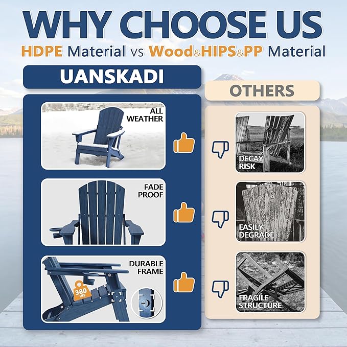 Folding Adirondack Chair with Cup Holder & Ottoman, HDPE All Weather Resistant Plastic Outdoor Patio Chairs, Heavy Duty Fire Pit Seating for Backyard Lawn Garden, Wood Textured(Navy Blue)