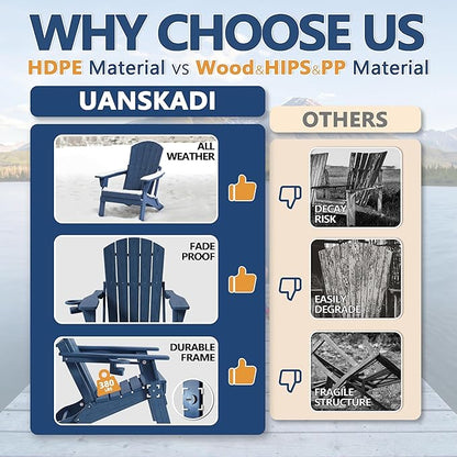 Folding Adirondack Chair with Cup Holder & Ottoman, HDPE All Weather Resistant Plastic Outdoor Patio Chairs, Heavy Duty Fire Pit Seating for Backyard Lawn Garden, Wood Textured(Navy Blue)