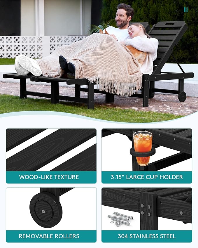 SERWALL Patio Chaise Lounge Chair, HDPE Outdoor Lounge Chair with Cup Holder - Photo 6