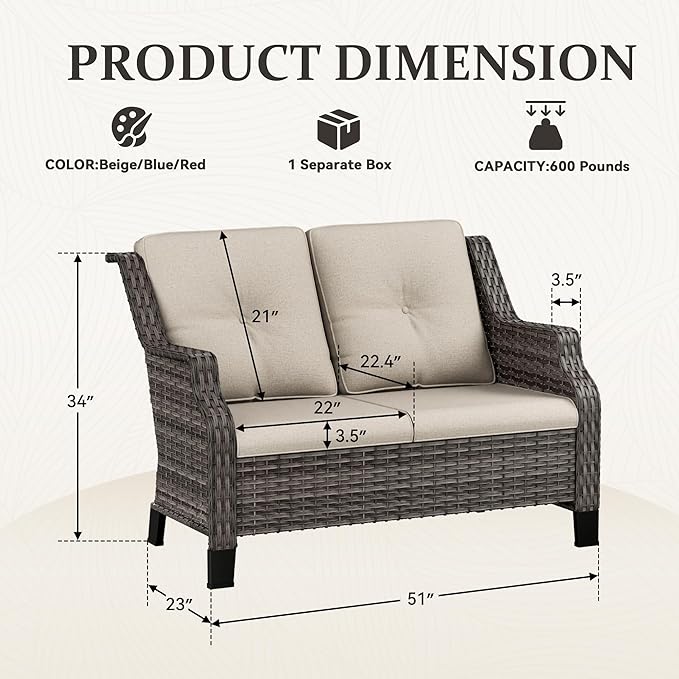 Outdoor Patio Loveseat, All-Weather 2-Seater Wicker Loveseat with Cushions, Outdoor Patio Love Seat Sofa for Garden - Photo 2