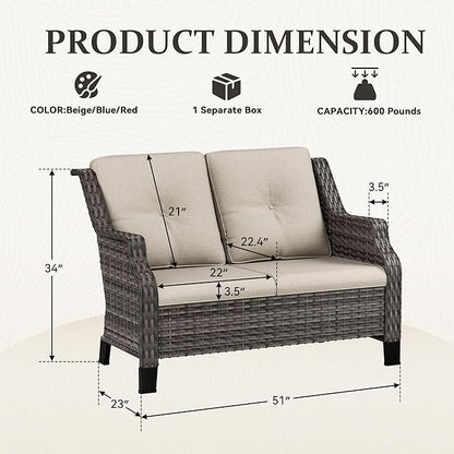 Outdoor Patio Loveseat, All-Weather 2-Seater Wicker Loveseat with Cushions, Outdoor Patio Love Seat Sofa for Garden, Balcony and Deck