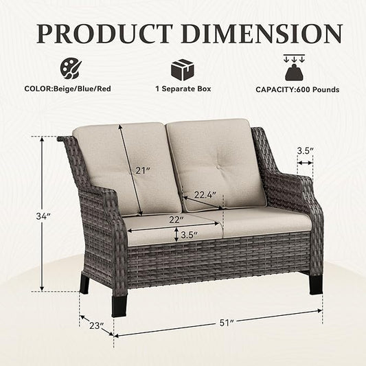 Outdoor Patio Loveseat, All-Weather 2-Seater Wicker Loveseat with Cushions, Outdoor Patio Love Seat Sofa for Garden, Balcony and Deck