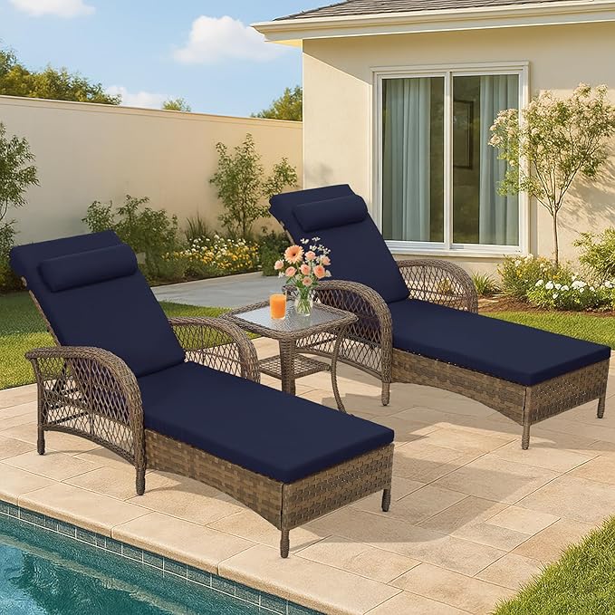 HOMEDIARY 3-Piece Outdoor Wicker Lounge Chair Set, Patio Chaise Loungers Set of 2 w/Side Table, 6-Position Adjustable Poolside Sunbathing Recliner, Armrest and Head Pillow, Fade-Resistant, Navy Blue