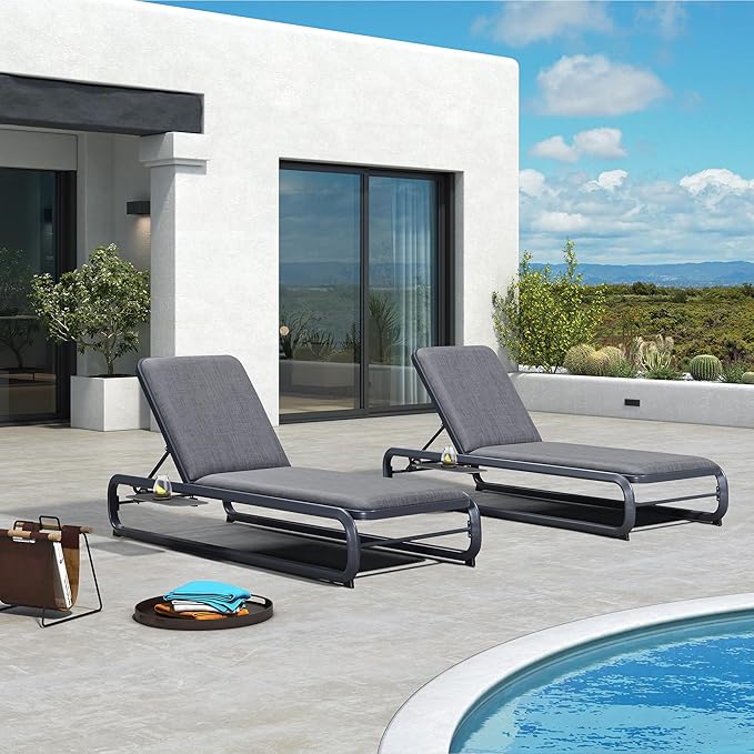 PURPLE LEAF Patio Chaise Lounges Outdoor with Cushion Aluminum Tanning Chair 4 Pieces Lounges Garden Adjustable Reclining Dark Grey