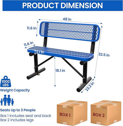 Heavy Duty Park Bench with Back Portable Frame, Outdoor Steel Bench with Backrest, Outdoor Park Bench Expanded Metal Mesh Bench for Lawn, Park, Deck, Garden, Patio, Porch, Black (Blue, 4FT)
