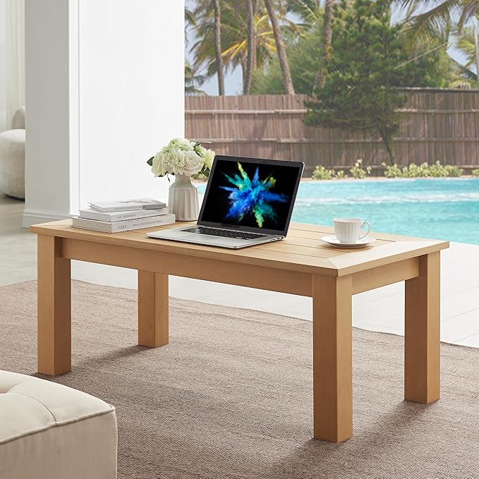 Outdoor Coffee Table Rectangle, 𝟰𝟳" Poly Lumber Patio Coffee Tables for Outside, All Weather Outdoor Coffee Tables for Patio, Garden, Balcony, Lawn, Porch, Modern Patio Table (Teak Color)