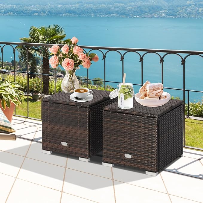 Tangkula 2 Pieces Patio Ottomans, Patiojoy Hand-Woven PE Rattan Side Table with Removable Cushion & Hidden Storage Space - Photo 3
