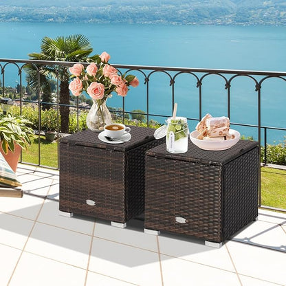 Tangkula 2 Pieces Patio Ottomans, Patiojoy Hand-Woven PE Rattan Side Table with Removable Cushion & Hidden Storage Space, Multifunctional Storage Box, Seat for Patio, Backyard, Poolside (Black)