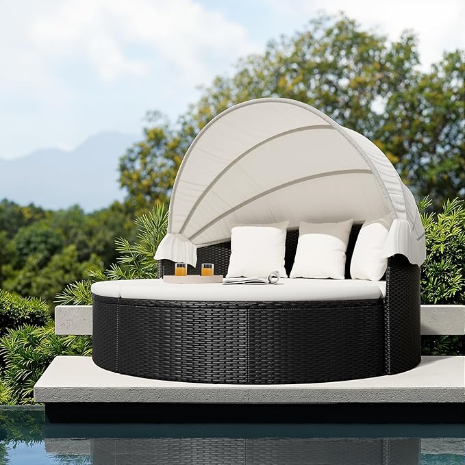Homall Patio Outdoor Daybed with Retractable Canopy, Rattan Wicker Sectional Seating with Washable Cushions for Patio Backyard Porch Round Daybed Separated Seating (Beige)