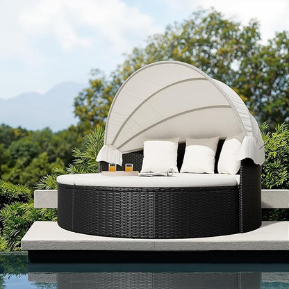 Homall Patio Outdoor Daybed with Retractable Canopy, Rattan Wicker Sectional Seating with Washable Cushions for Patio Backyard Porch Round Daybed Separated Seating (Beige)