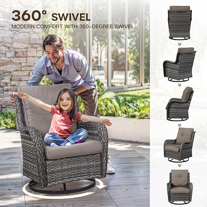 Patio Loveseat Glider Set, Resin Wicker Loveseat Glider with 4 Swivel Patio Chiars Coffee Table, 6 Piece Patio Conversation Set PE Rattan Loveseat Set, Grey Wicker|Grey Cushions