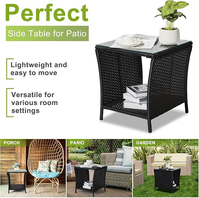 Outvita Outdoor Side Table, Rattan Coffee Table Small End Table with Glass Top Storage for Patio Porch Backyard Balcony