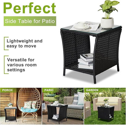 Outvita Outdoor Side Table, Rattan Coffee Table Small End Table with Glass Top Storage for Patio Porch Backyard Balcony