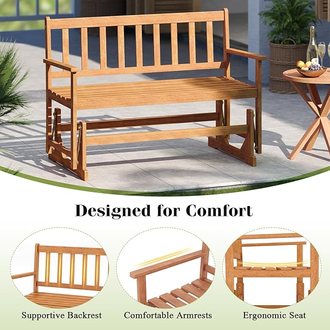 RELAX4LIFE 2-Person Outdoor Glider Bench - Acacia Wood Heavy Duty 800 LBS Double Swing Rocking Chair w/Slatted Seat, Backrest & Armrests, Loveseat Rocker for Porch Garden, 2-Seater Wooden Patio Glider