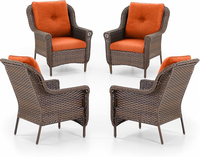 Patio Wicker Chairs Outdoor Furniture Chair - Set of 4 Outside All Weather Lawn Dining Brown Rattan Armchair with High - Photo 1