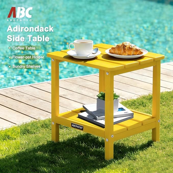 Outdoor Side Table HDPE Small Outdoor End Table Patio Side Tables Square for Backyard Pool Porch Balcony Double Layer Storage, Yellow (Wood Grain Finish)