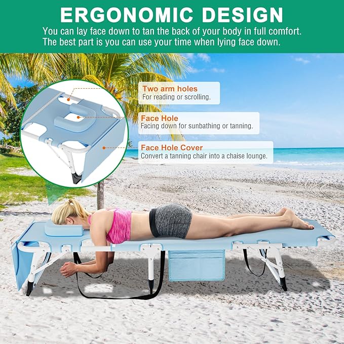 LILYPELLE Folding Chaise Lounge Chair with Mattress, 5 Position Beach Chair with Face Hole - Photo 3