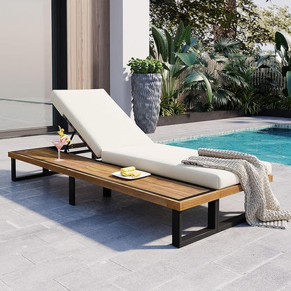 Sleek Outdoor Patio Chaise Lounge with 5-Position Adjustable Backrest and Wood Side Table, All-weather Lounge Chair Reclining with Cushion and Steel Frame for Backyard Poolside Garden (Beige+Wood1)