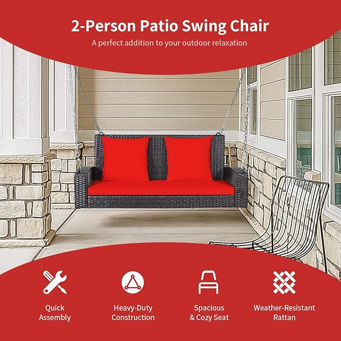 RELAX4LIFE Porch Swing 2-Seat Patio Rattan, Wicker Porch Swings Outdoor W/Two 7.9 Ft Solid Steel Chain - Photo 5