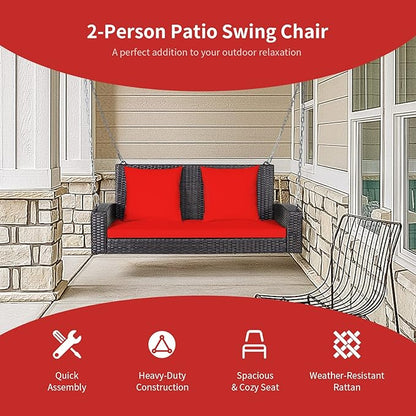 RELAX4LIFE Porch Swing 2-Seat Patio Rattan, Wicker Porch Swings Outdoor W/Two 7.9 Ft Solid Steel Chain, Comfortable Back & Seat Cushions, for Front Porch, Garden, Backyard Patio Swing (Red)