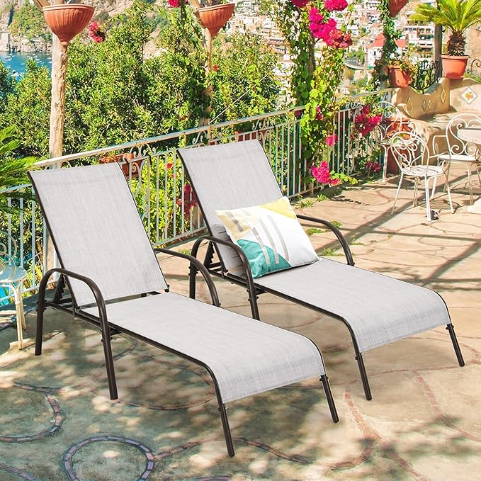 COSTWAY 2PCS Outdoor Patio Lounge Chair Chaise Fabric Adjustable Reclining Armrest Pool (Grey)