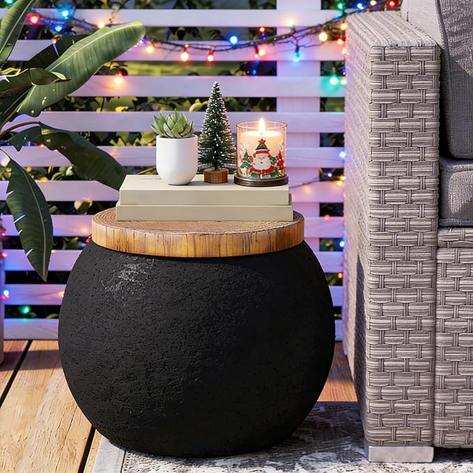 COSIEST Outdoor Side Table,Black Drum Outdoor End Tables,17" Concrete Patio Side Table for Outside Faux-Wood Top Accent Side Table Stool for Livingroom,Bedroom,Garden