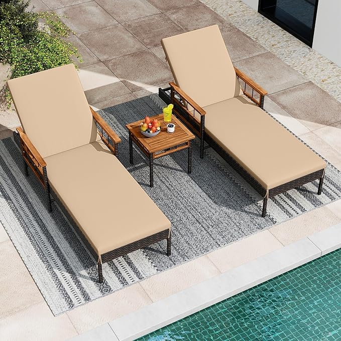Tangkula 3 Pieces Patio Chaise Lounge Set, 2 Rattan Lounge Chairs with 4-Level Adjustable Backrest - Photo 3